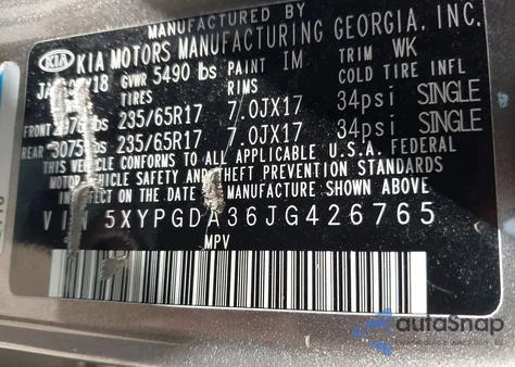 2018 Kia Sorento 2.4L Lx z USA, uszkodzony, nr VIN 5XYPGDA36JG426765